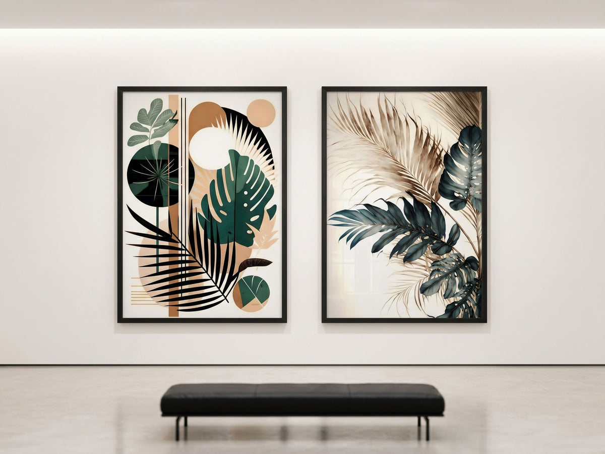 Abstract botanical and watercolor tropical leaf wall art set of 2 in emerald, teal and terracotta, black frames, on a modern gallery wall by VYLOIRE