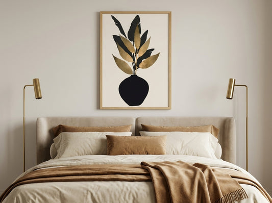 Black and gold botanical vase wall art by Vyloire in Natural Premium Oak frame, displayed above a bed in a quiet luxury Japandi bedroom