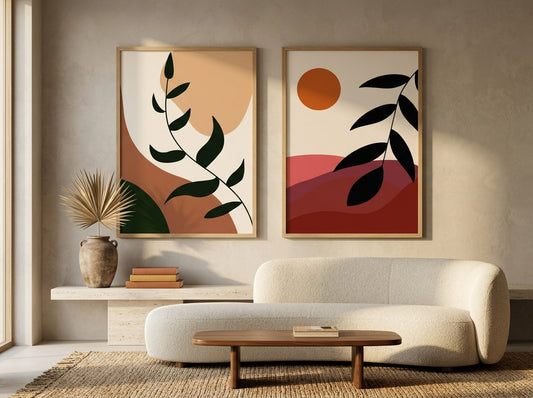 Modern boho botanical and abstract sun wall art set of 2 in terracotta and olive green, oak frames, in a warm boucle living room by VYLOIRE