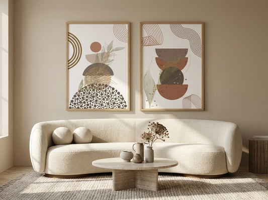 Set of 2 terracotta, rust and sage abstract botanical prints in natural oak frames over a curved bouclé sofa by VYLOIRE.