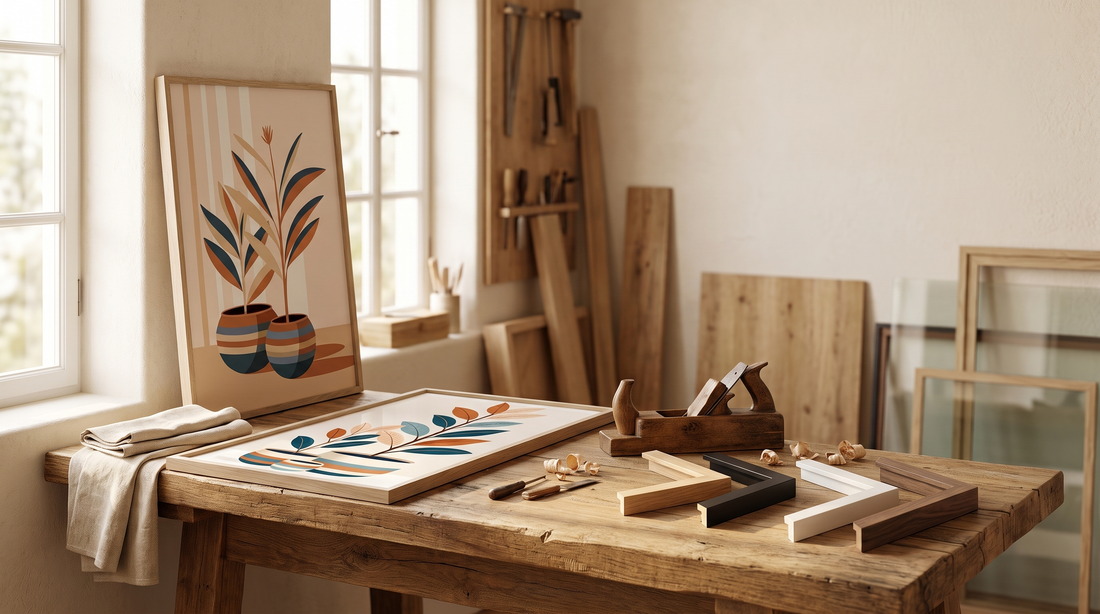 Oak-framed botanical prints resting in a quiet artisan atelier with linen and oak moulding samples