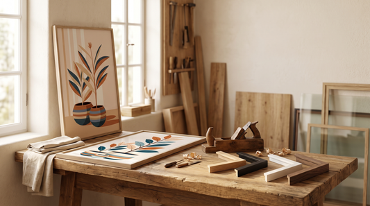Oak-framed botanical prints resting in a quiet artisan atelier with linen and oak moulding samples