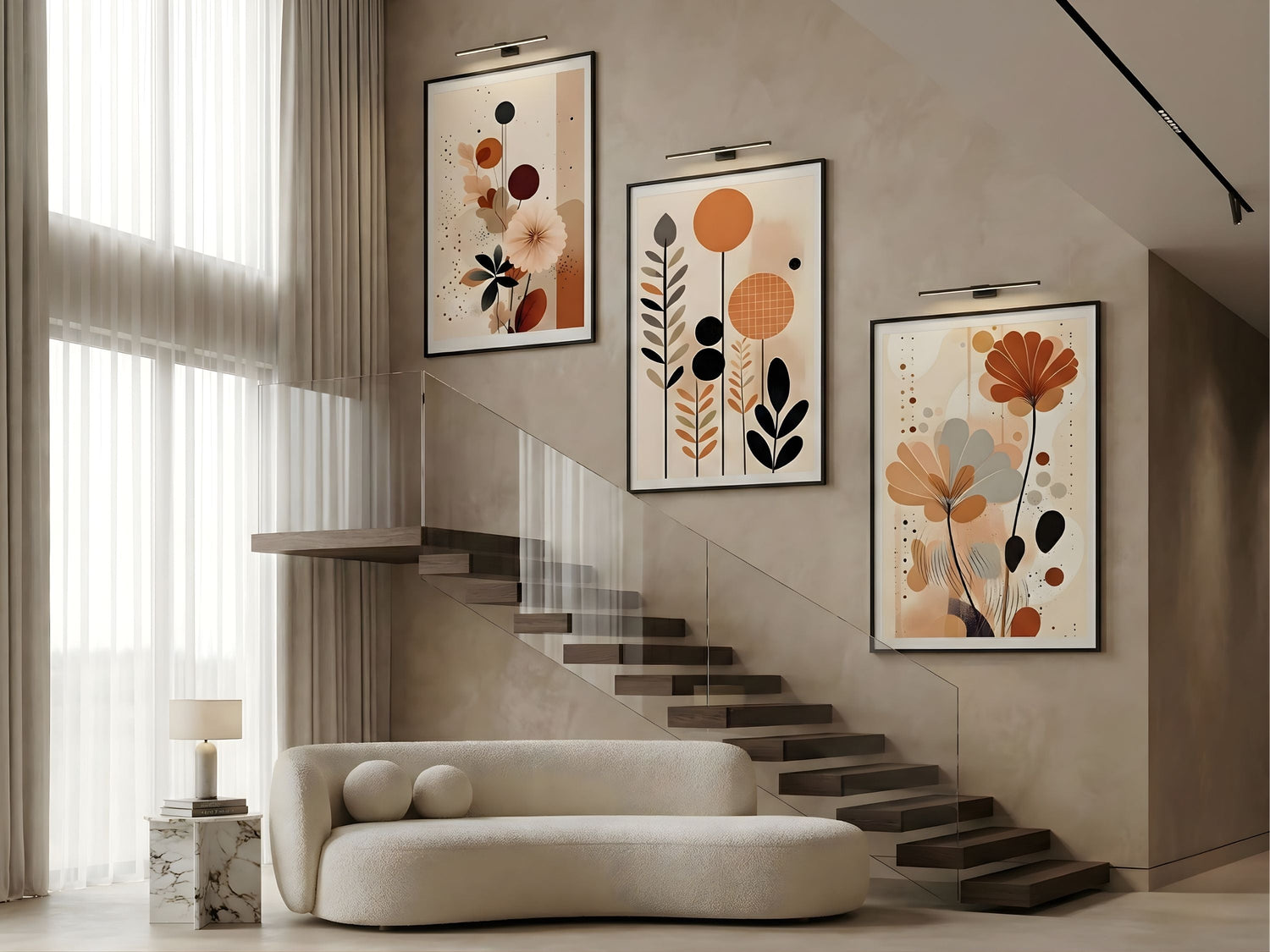 Vyloire gallery wall sets — botanical triptych styled on a staircase gallery wall