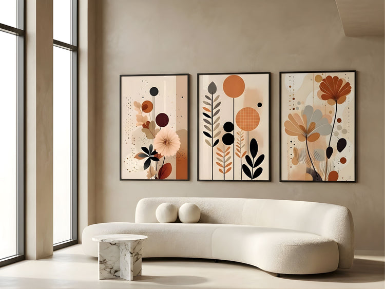 Vyloire best sellers — terracotta botanical triptych in a sunlit modern living room