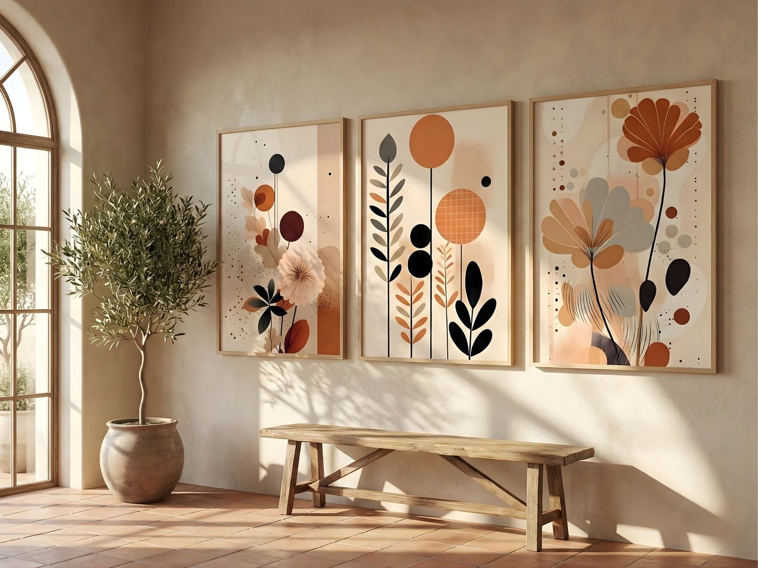 Vyloire terracotta and earth tones — botanical triptych in a Mediterranean entryway