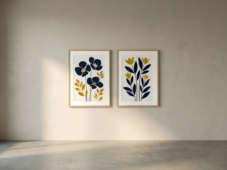 Vyloire set of two — navy and mustard botanical prints in a minimalist neutral interior