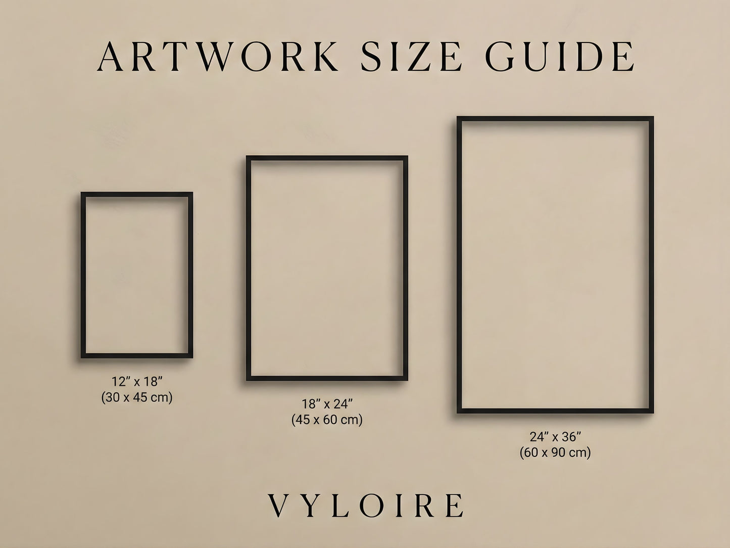 Size guide for VYLOIRE abstract botanical wall art set of 3 in black frames showing 12x18, 18x24 and 24x36 inch sizes