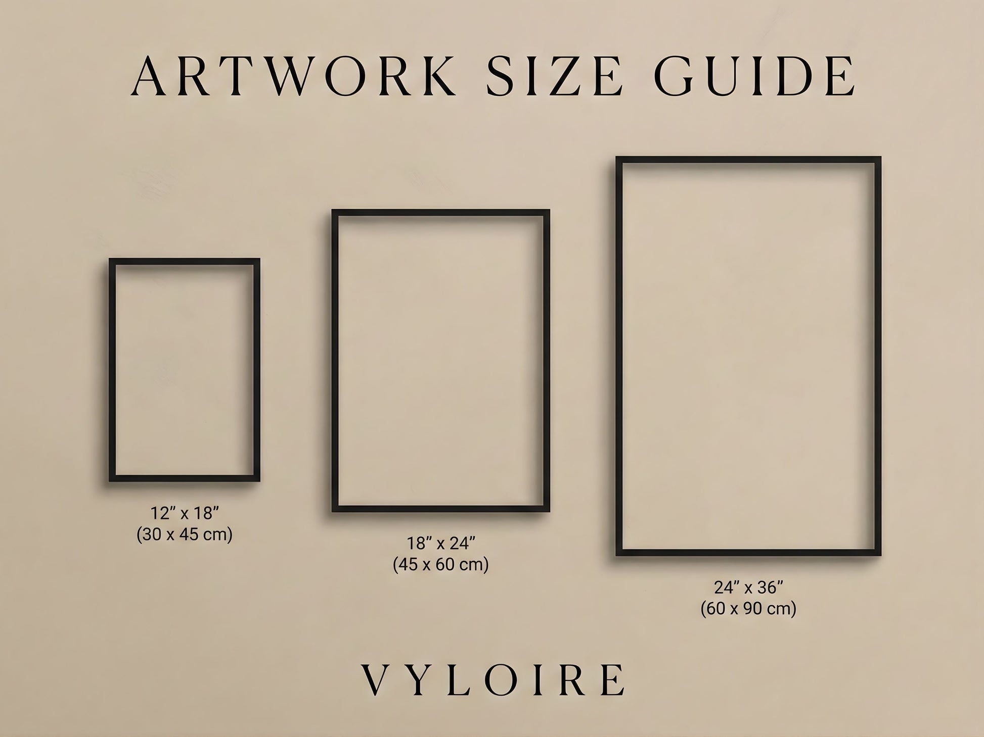 Size guide for VYLOIRE abstract botanical wall art set of 3 in black frames showing 12x18, 18x24 and 24x36 inch sizes