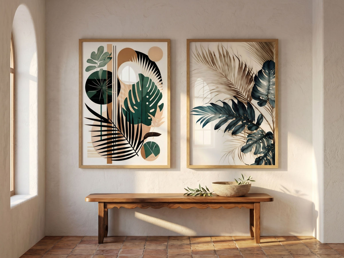 Abstract botanical and watercolor tropical leaf wall art set of 2 in emerald and teal, oak frames, in a Mediterranean entryway by VYLOIRE