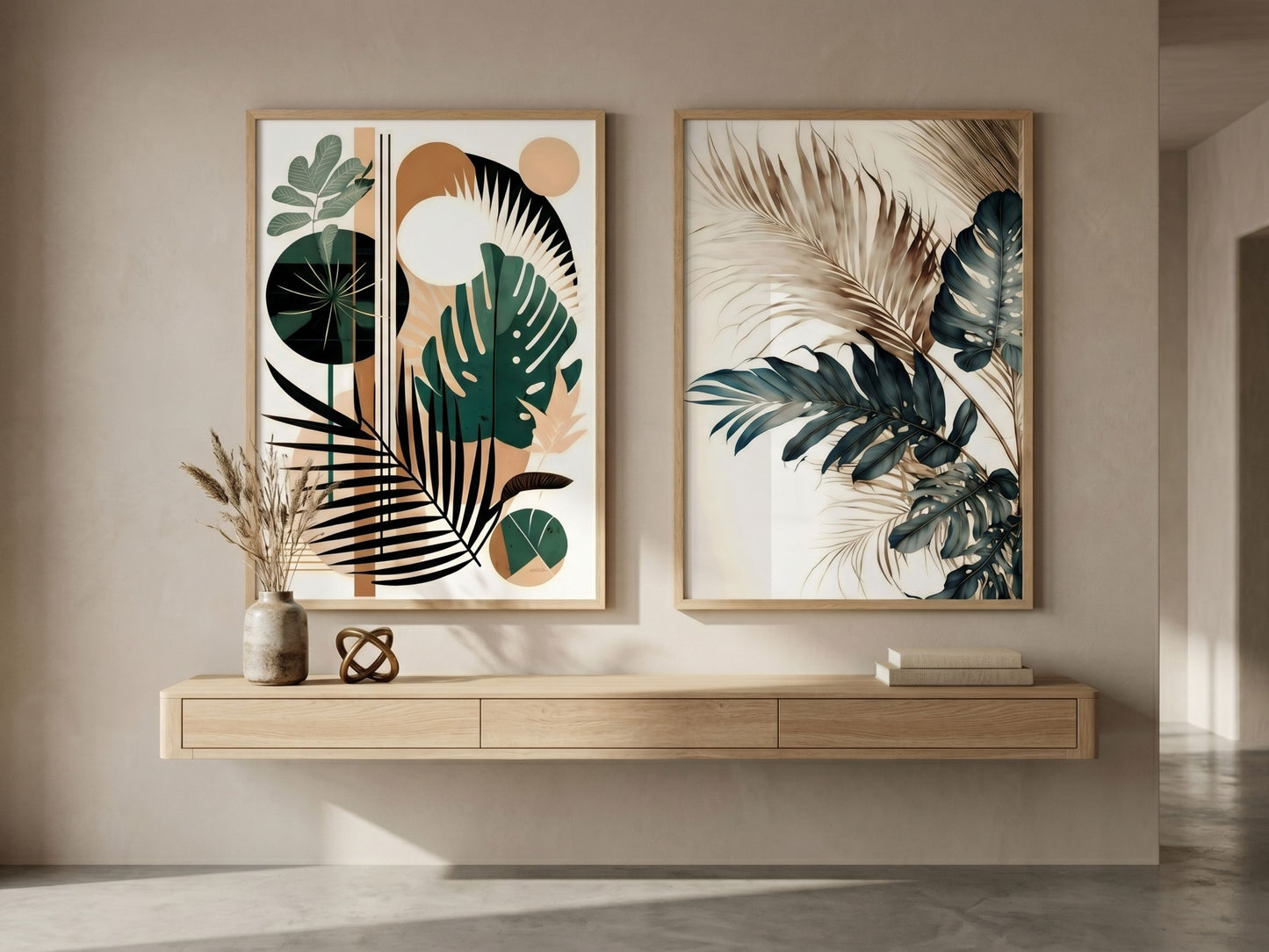 Abstract botanical and watercolor tropical leaf wall art set of 2 in emerald and terracotta, oak frames, above an entryway console by VYLOIRE