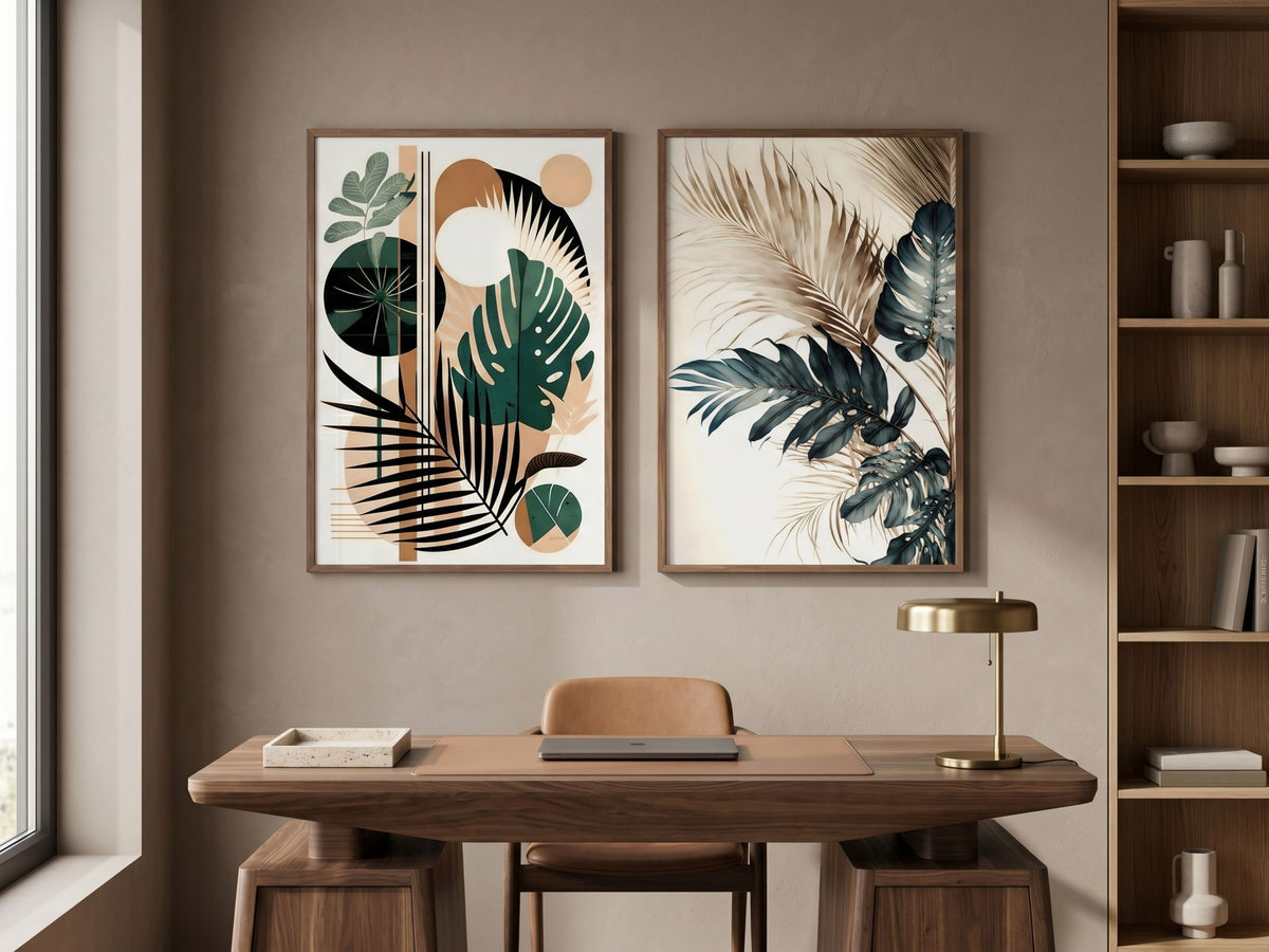 Abstract botanical and watercolor tropical leaf wall art set of 2 in emerald and terracotta, oak frames, above a walnut home office desk by VYLOIRE