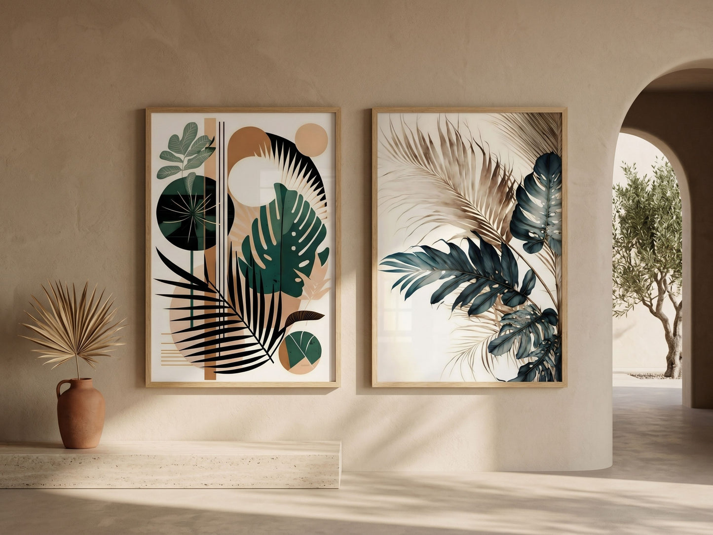 Abstract botanical and watercolor tropical leaf wall art set of 2 in emerald and terracotta, oak frames, in a sunlit Mediterranean entryway by VYLOIRE