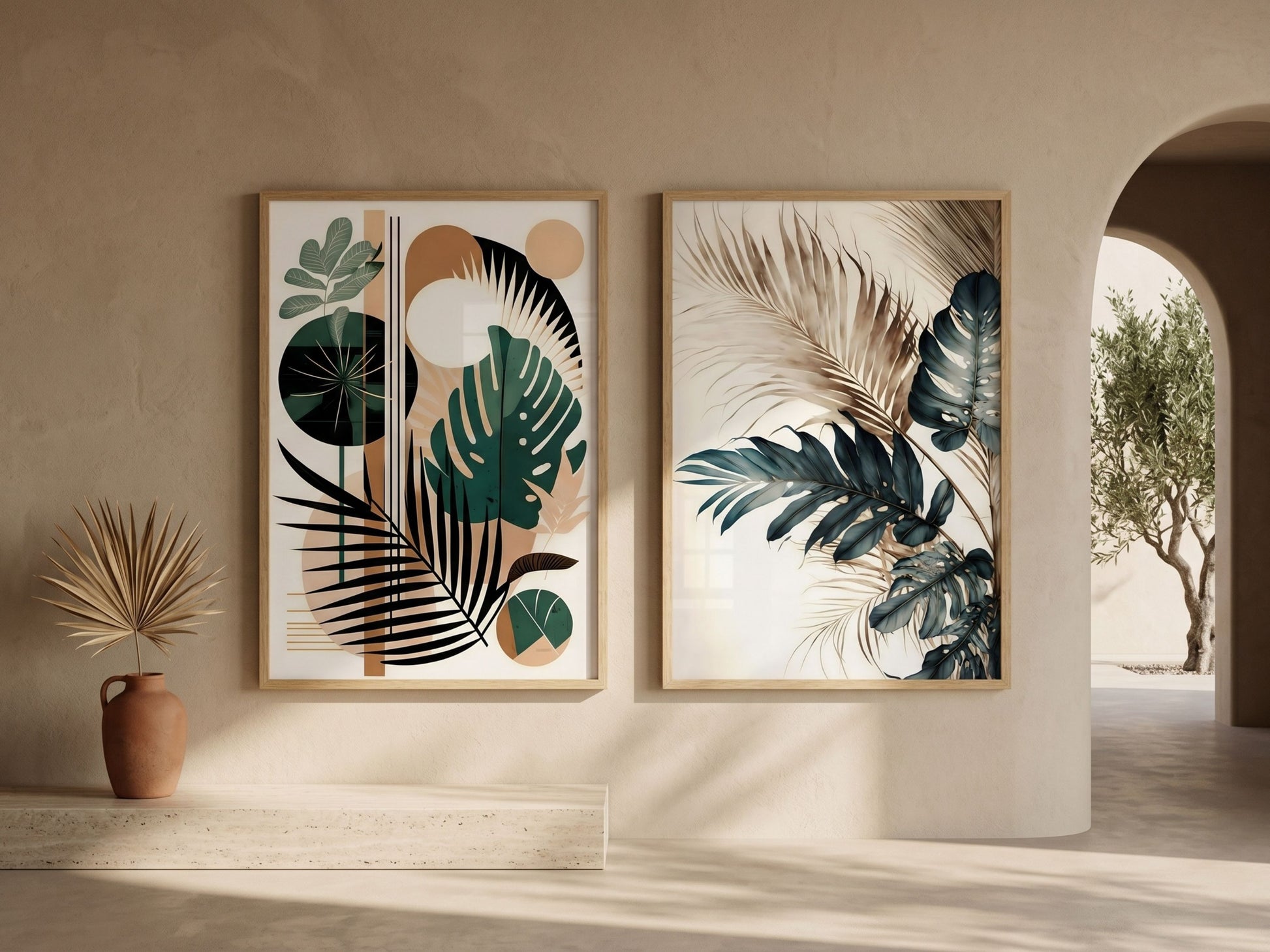 Abstract botanical and watercolor tropical leaf wall art set of 2 in emerald and terracotta, oak frames, in a sunlit Mediterranean entryway by VYLOIRE