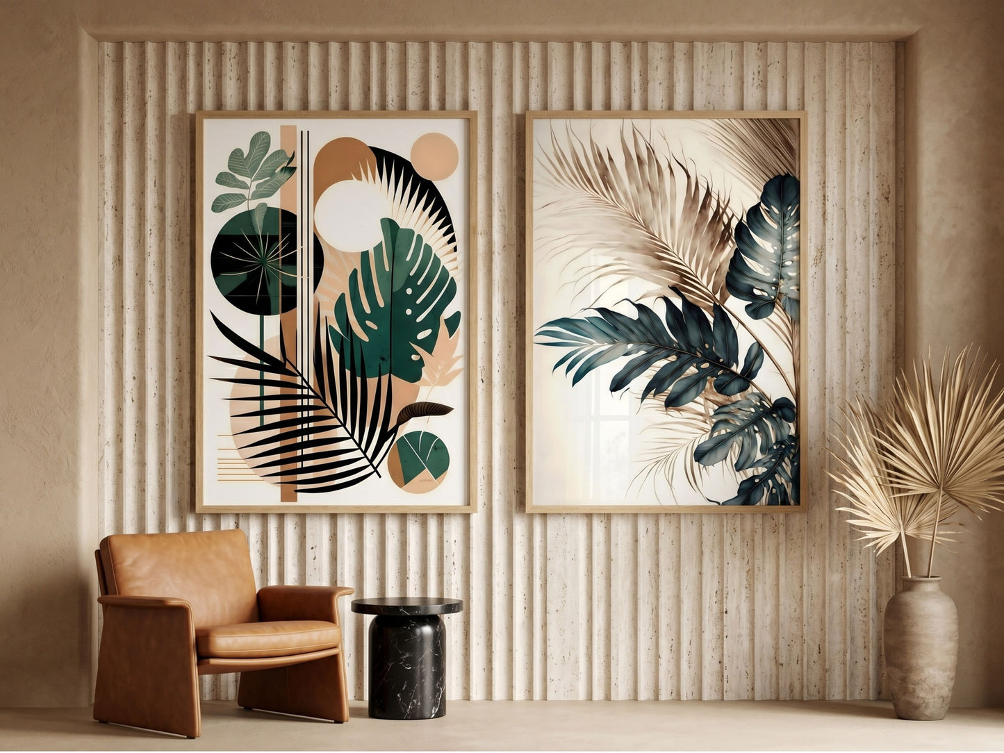 Abstract botanical and watercolor tropical leaf wall art set of 2 in emerald, teal and terracotta, oak frames, in a modern living room by VYLOIRE