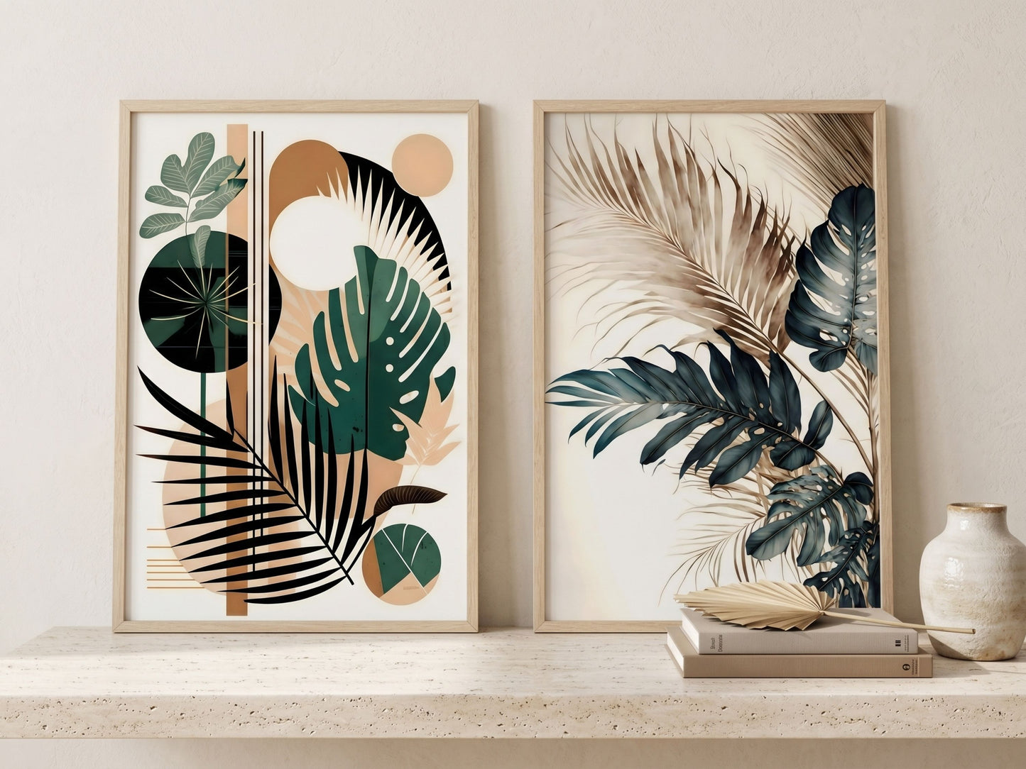 Abstract botanical and watercolor tropical wall art set of 2 in emerald and teal, oak frames, leaning on a neutral travertine ledge by VYLOIRE