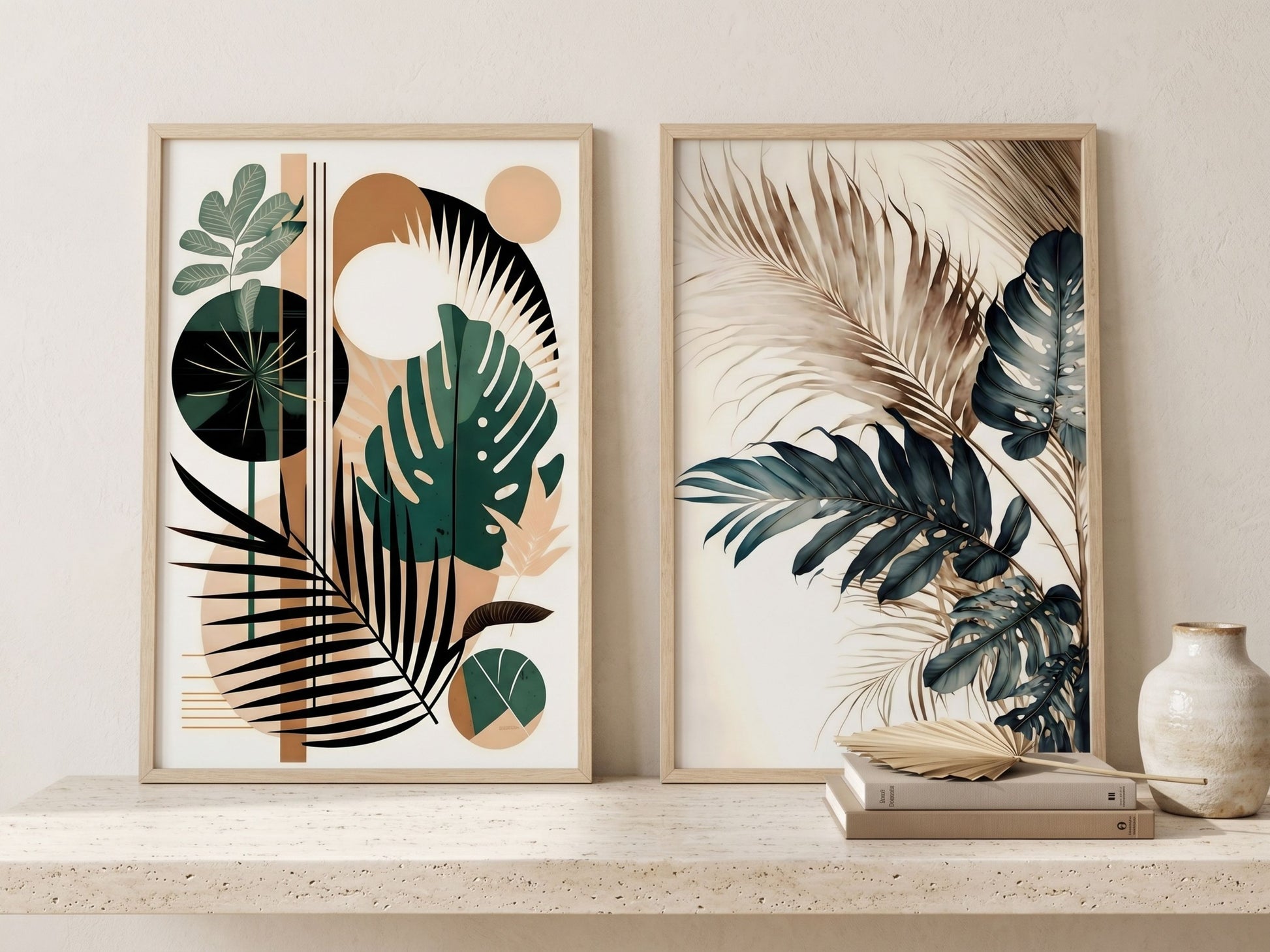 Abstract botanical and watercolor tropical wall art set of 2 in emerald and teal, oak frames, leaning on a neutral travertine ledge by VYLOIRE