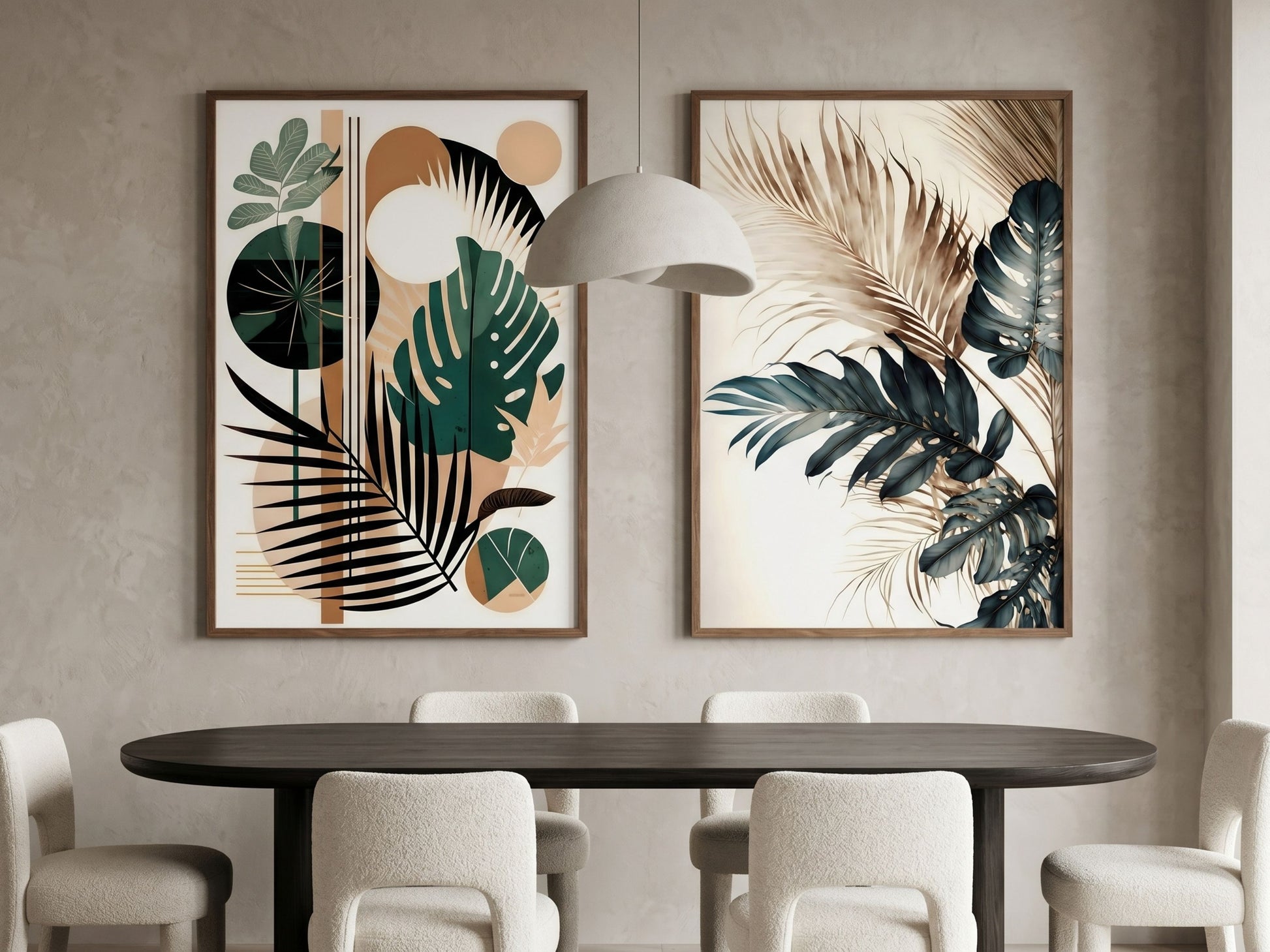 Abstract botanical and watercolor tropical wall art set of 2 in emerald and teal, walnut frames, above a modern dining table by VYLOIRE