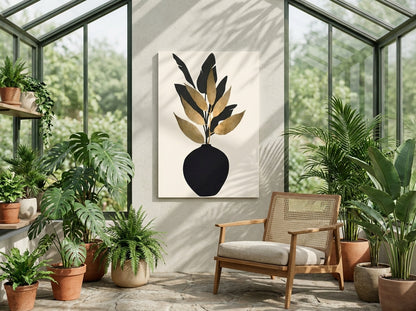Vyloire Black & Gold Botanical Vase art print displayed unframed in a biophilic greenhouse interior with tropical plants and rattan furniture
