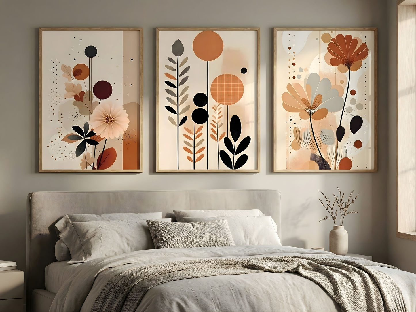 Boho terracotta abstract botanical triptych set of 3 in natural oak frames above a bed in a cozy neutral bedroom by VYLOIRE
