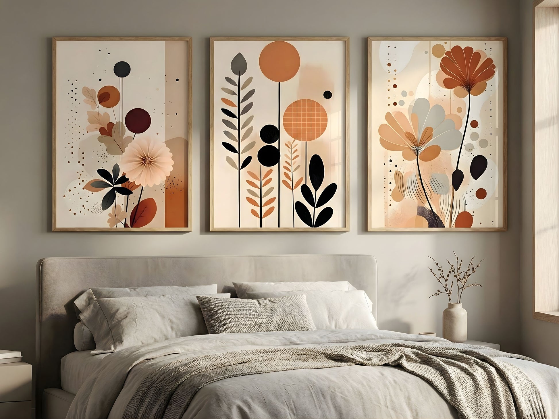 Boho terracotta abstract botanical triptych set of 3 in natural oak frames above a bed in a cozy neutral bedroom by VYLOIRE