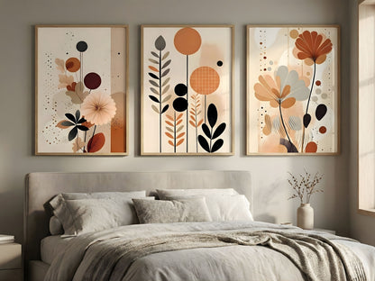 Boho terracotta abstract botanical triptych set of 3 in natural oak frames above a bed in a cozy neutral bedroom by VYLOIRE