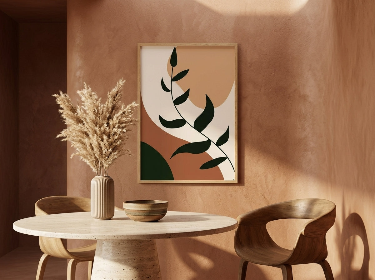 Boho botanical leaf-branch art print in terracotta and olive green, oak frame, on a warm terracotta plaster dining room wall by VYLOIRE