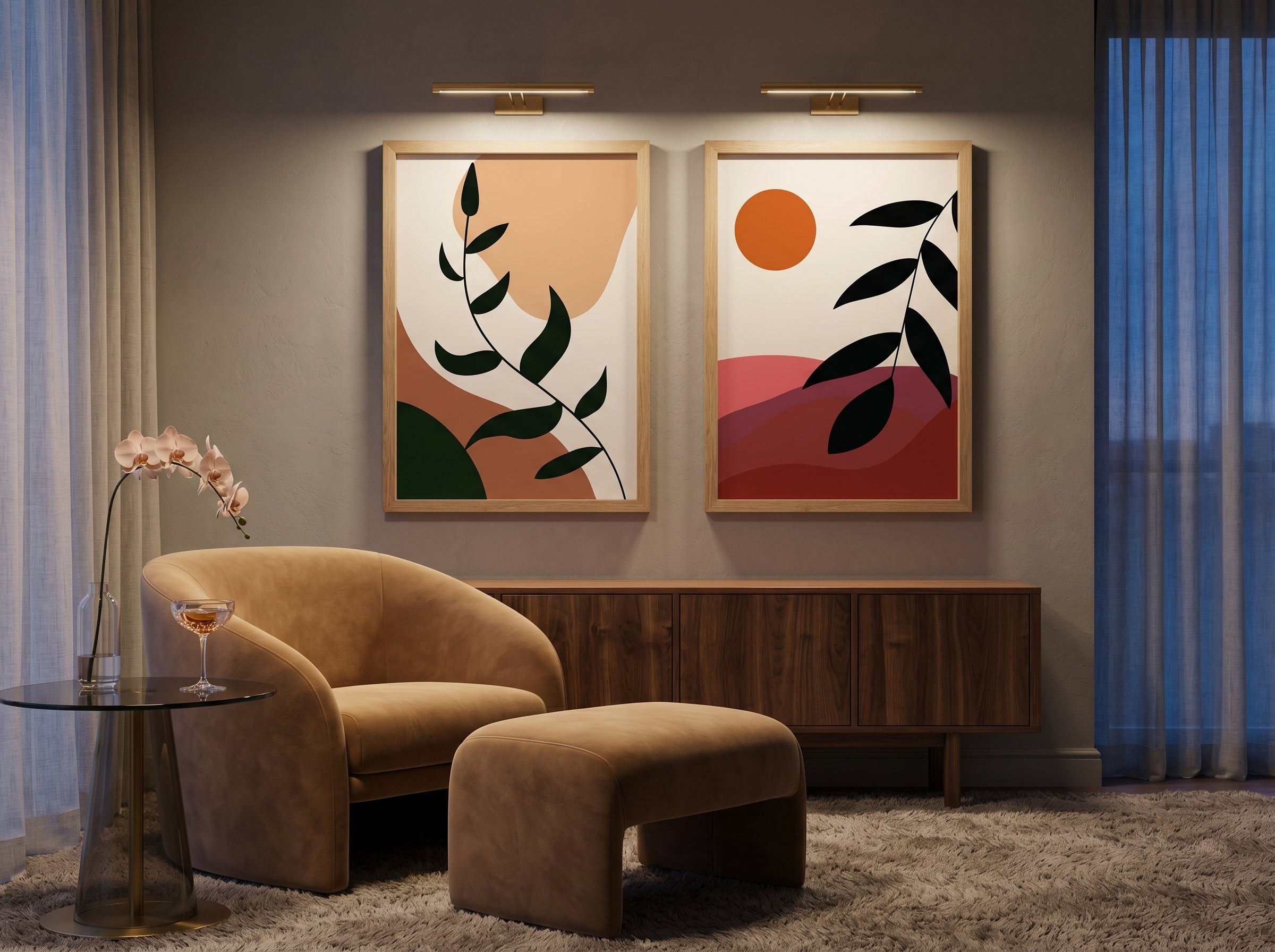 Mid-century boho botanical wall art set of two in oak frames under brass picture lights in an evening lounge by VYLOIRE