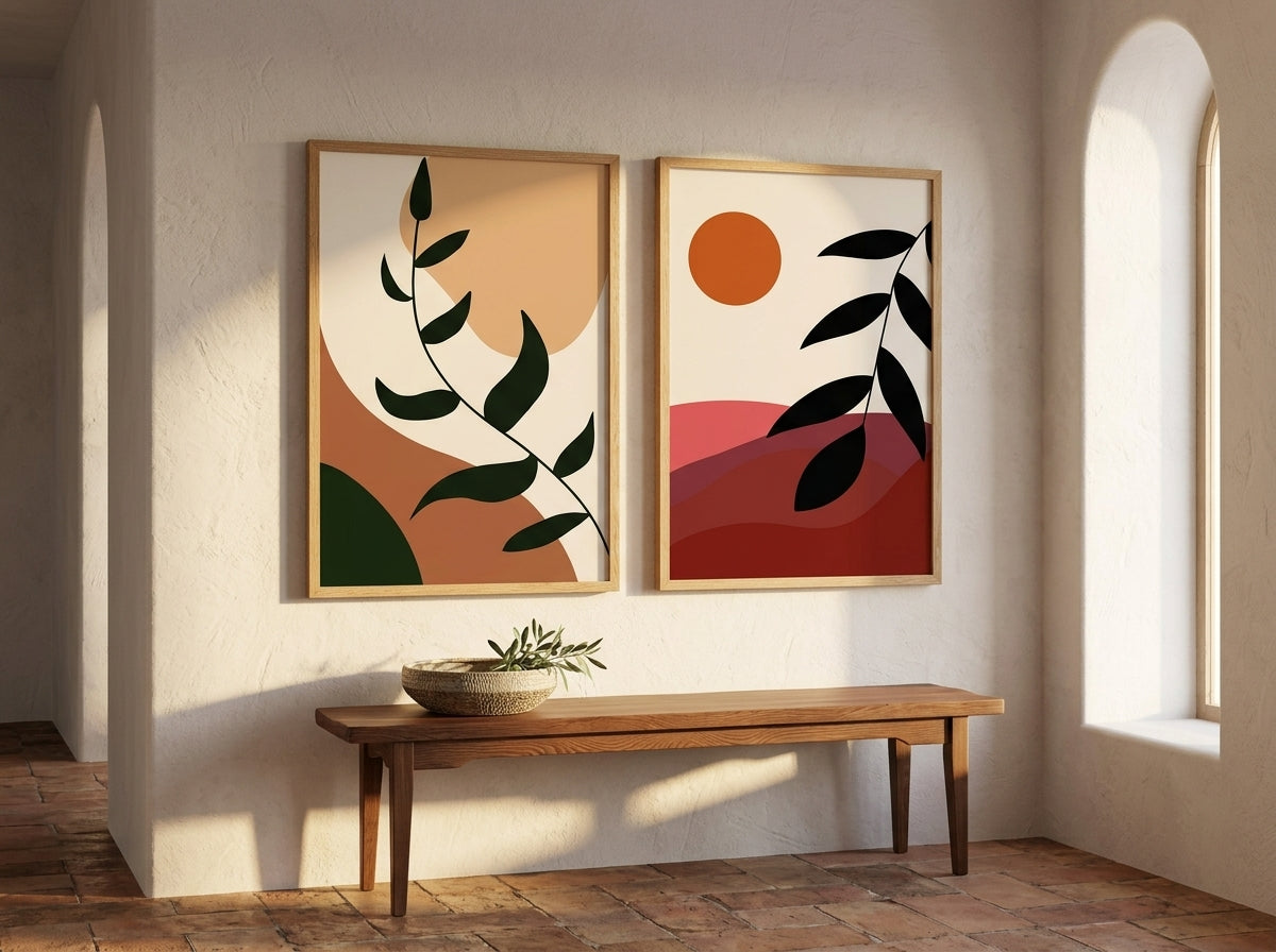 Boho botanical and abstract sun wall art set of 2 in terracotta and burnt orange, oak frames, in a sunlit Mediterranean villa by VYLOIRE
