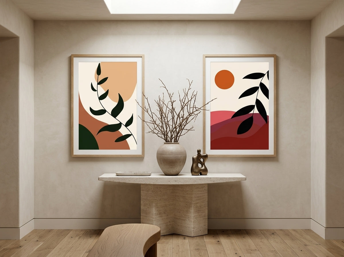Mid-century boho botanical and abstract sun wall art set of 2 in terracotta and burnt orange, oak frames, in a modern entryway by VYLOIRE