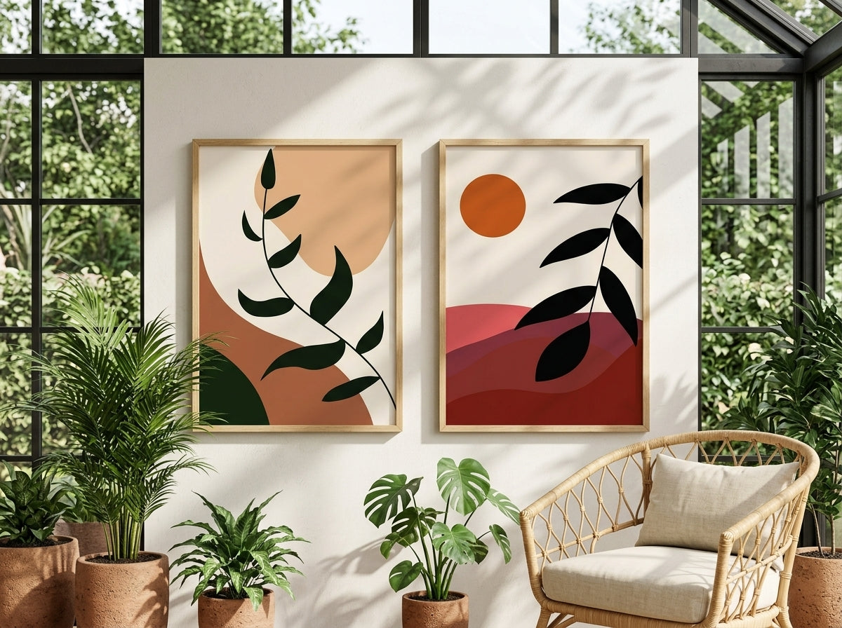 Boho botanical and abstract sun wall art set of 2 in terracotta and olive green, oak frames, in a plant-filled garden conservatory by VYLOIRE