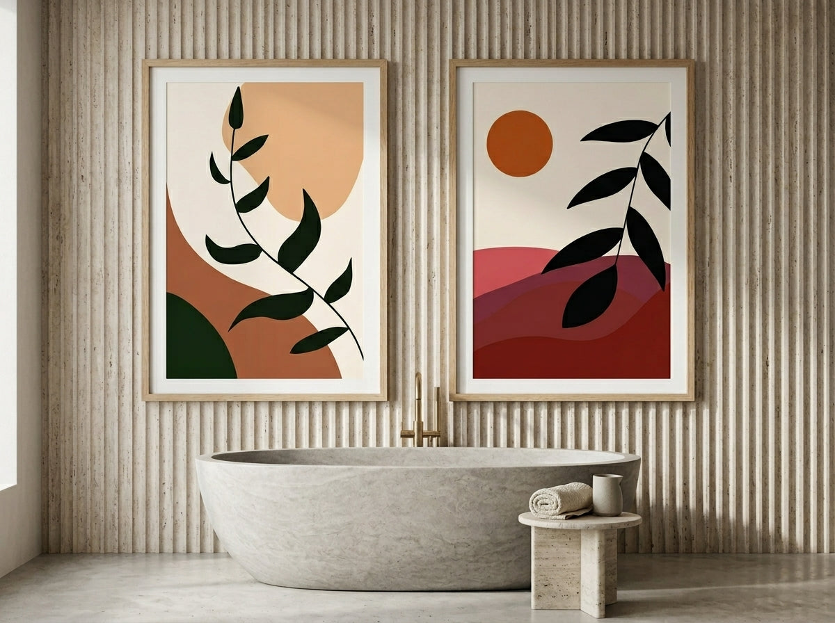 Boho botanical and abstract sun wall art set of 2 in terracotta and olive green, oak frames, in a calm spa-style bathroom by VYLOIRE