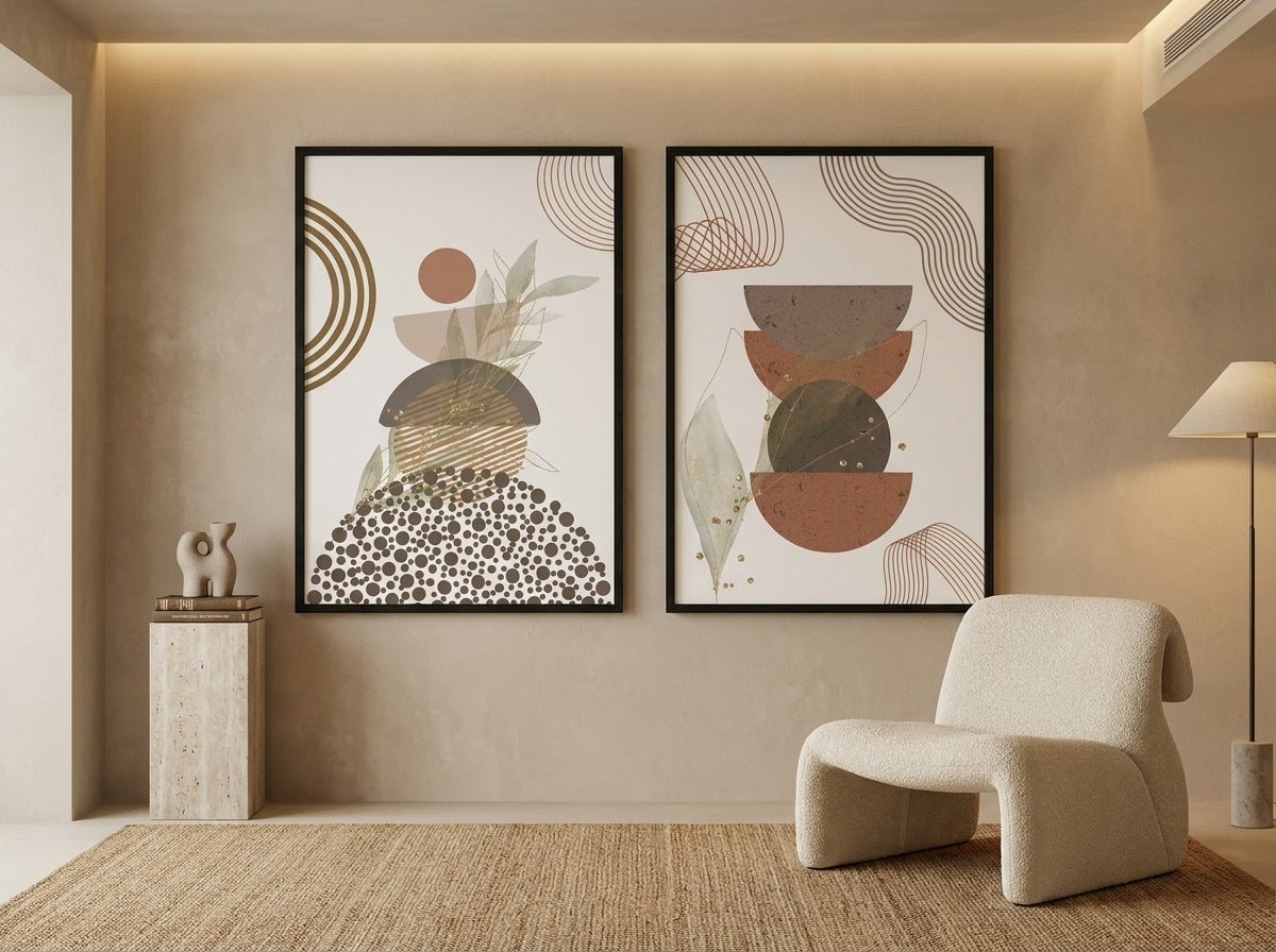 Boho abstract botanical set of 2 in black oak frames over a bouclé chair on a jute rug, terracotta rust and sage by VYLOIRE.