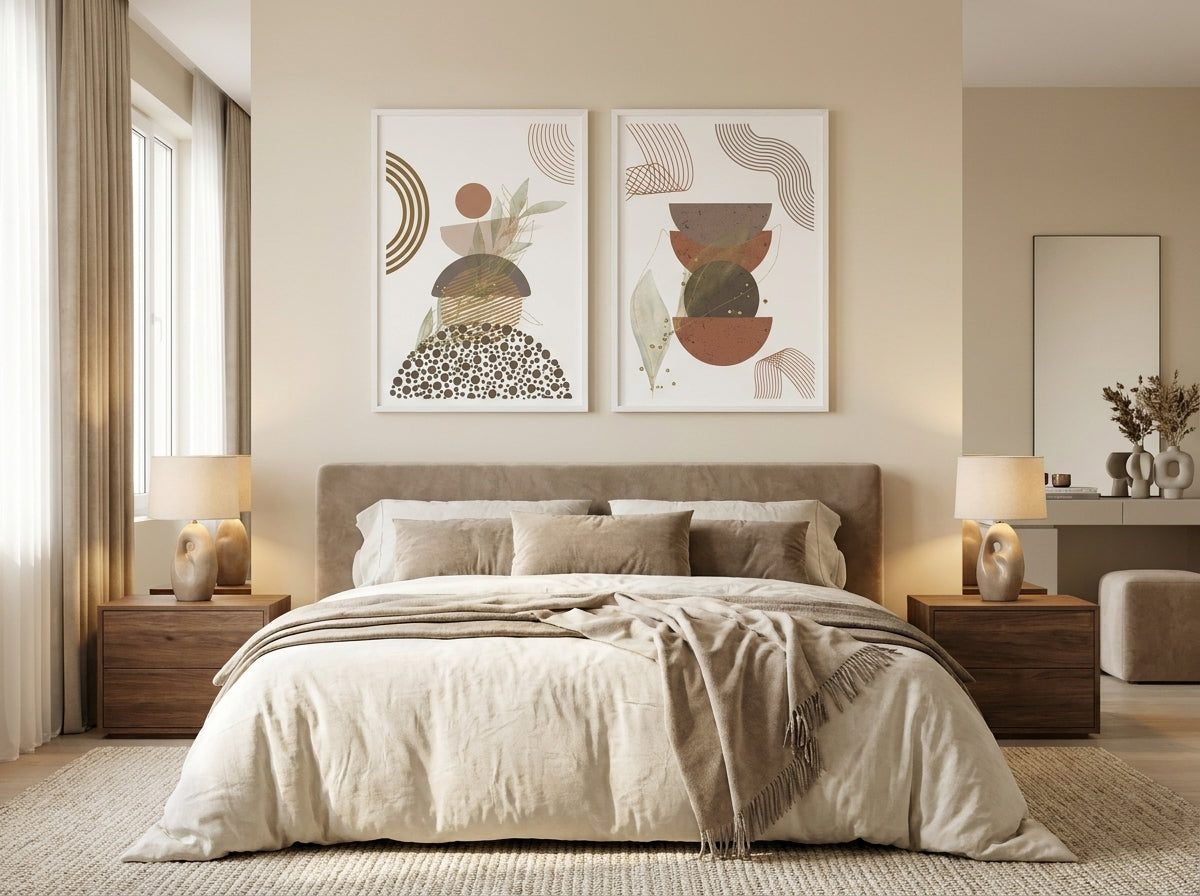 Boho abstract botanical set of 2 in white frames above a bed headboard in a calm luxury bedroom, terracotta sage and gold by VYLOIRE.