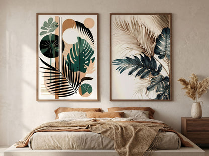 Boho botanical and watercolor tropical leaf wall art set of 2 in emerald and terracotta, oak frames, above a bed in a cozy warm bedroom by VYLOIRE