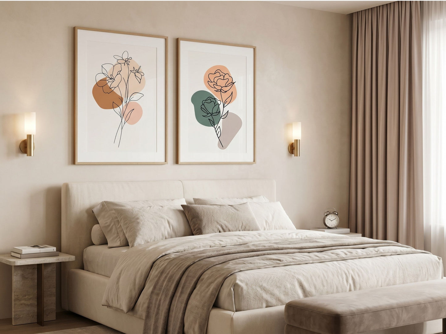Botanical line-art wall art set of 2 with charcoal florals, oak frames, above a headboard in a calm neutral bedroom by VYLOIRE