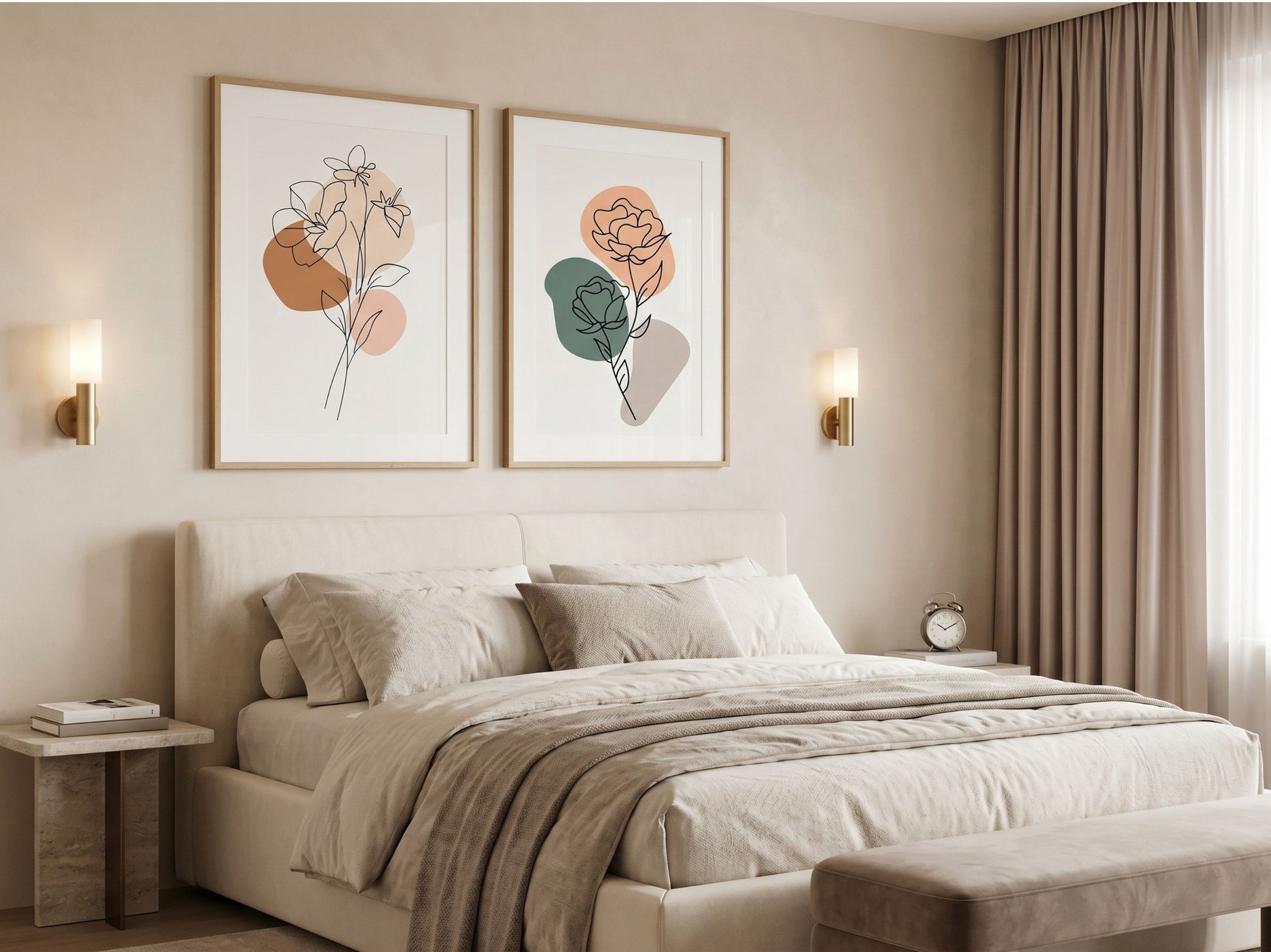 Botanical line-art wall art set of 2 with charcoal florals, oak frames, above a headboard in a calm neutral bedroom by VYLOIRE