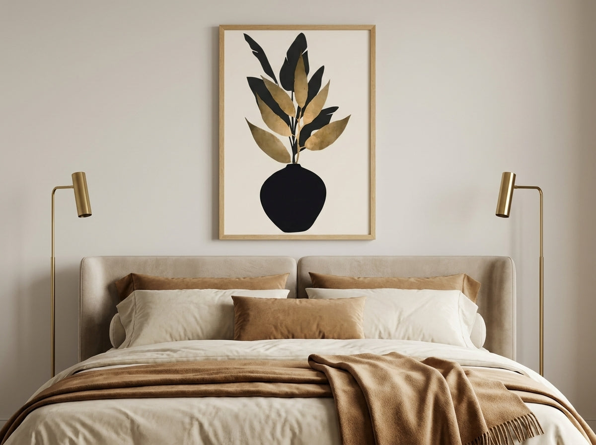 Black and gold botanical vase wall art by Vyloire in Natural Premium Oak frame, displayed above a bed in a quiet luxury Japandi bedroom