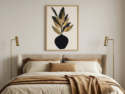 Black and gold botanical vase wall art by Vyloire in Natural Premium Oak frame, displayed above a bed in a quiet luxury Japandi bedroom