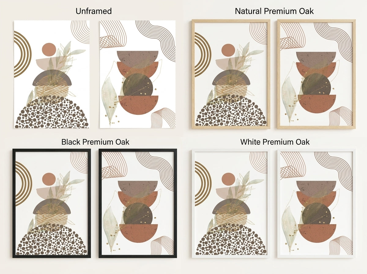 Framing options for the abstract botanical set of 2: unframed, natural oak, black and white premium oak by VYLOIRE.