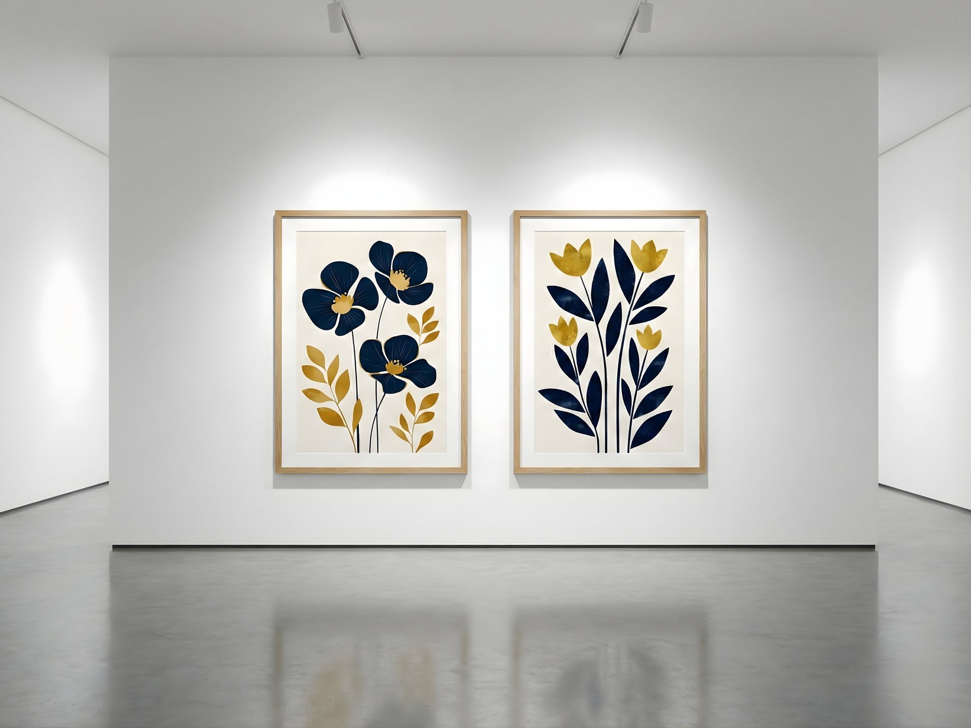 Modern botanical wall art set of 2 in navy and gold displayed gallery-style on a clean white gallery wall by VYLOIRE