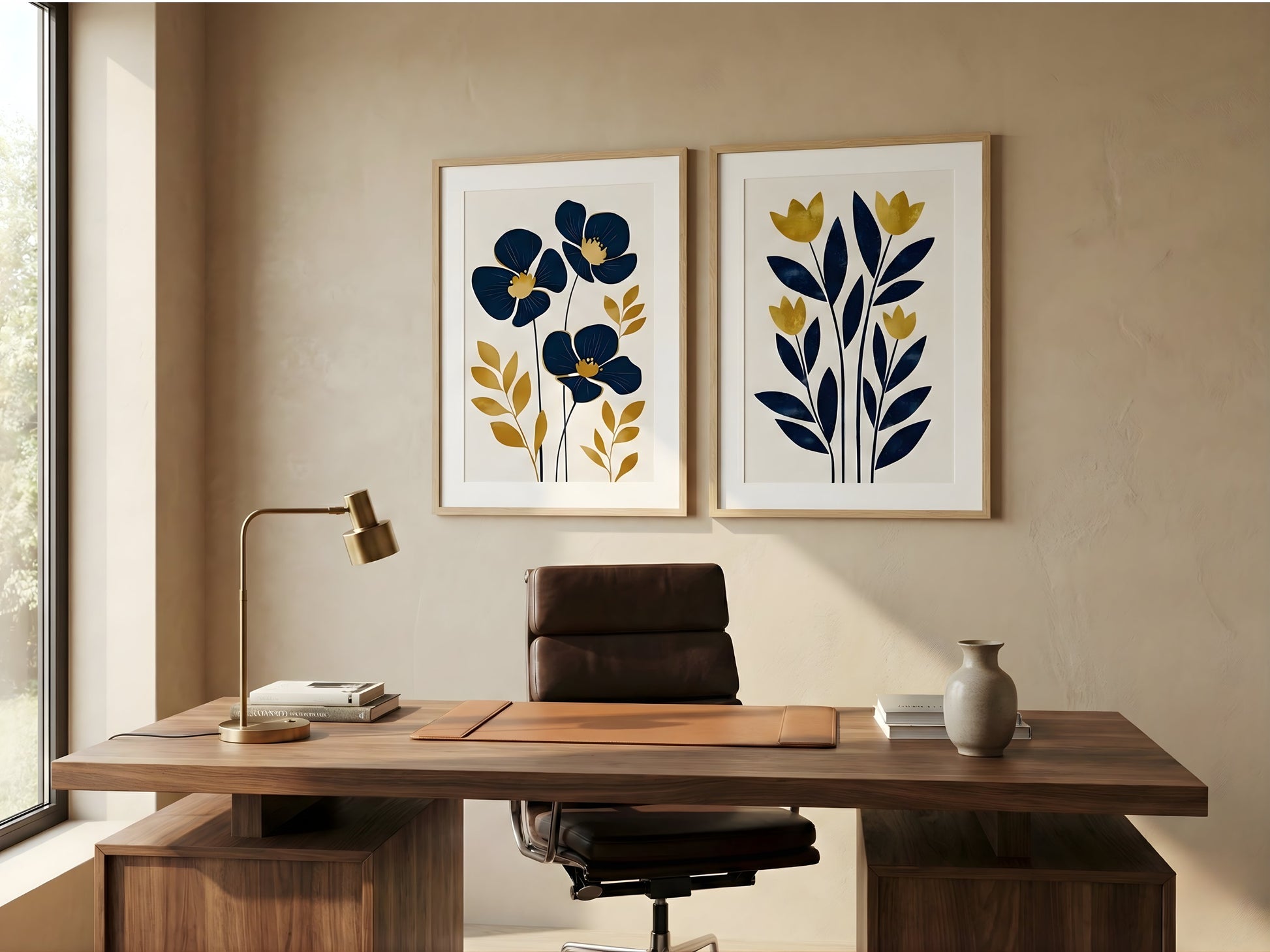 Navy and mustard botanical fine art print set of 2 in oak frames above a walnut home office desk by VYLOIRE