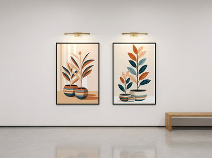 Mid-century botanical wall art set of 2 in black frames, navy and ochre potted-plant prints styled on a boutique gallery wall.