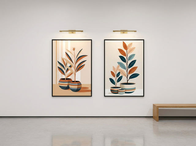 Mid-century botanical wall art set of 2 in black frames, navy and ochre potted-plant prints styled on a boutique gallery wall.