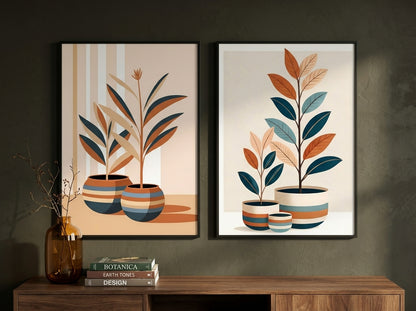 Set of 2 navy and ochre botanical prints in black frames on a moody charcoal wall, dark editorial styling.