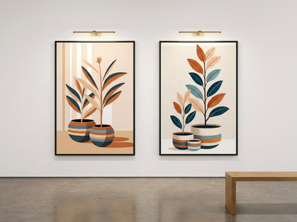 Two black-framed mid-century botanical prints lit by a brass picture light above a console.