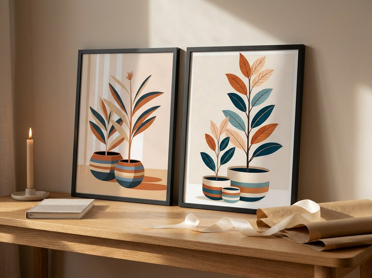 Black-framed botanical wall art set of 2 shown as a styled gift presentation in navy and terracotta.