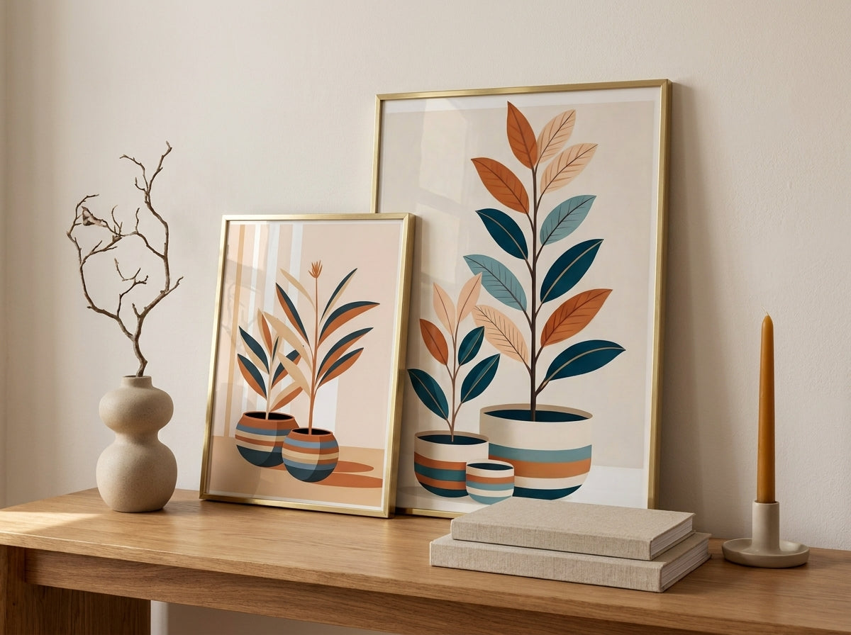 Mid-century botanical prints styled as a still life on a console table with decorative accents.