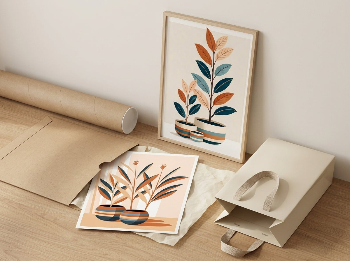 Botanical wall art set of 2 in a gift unboxing scene with kraft packaging.