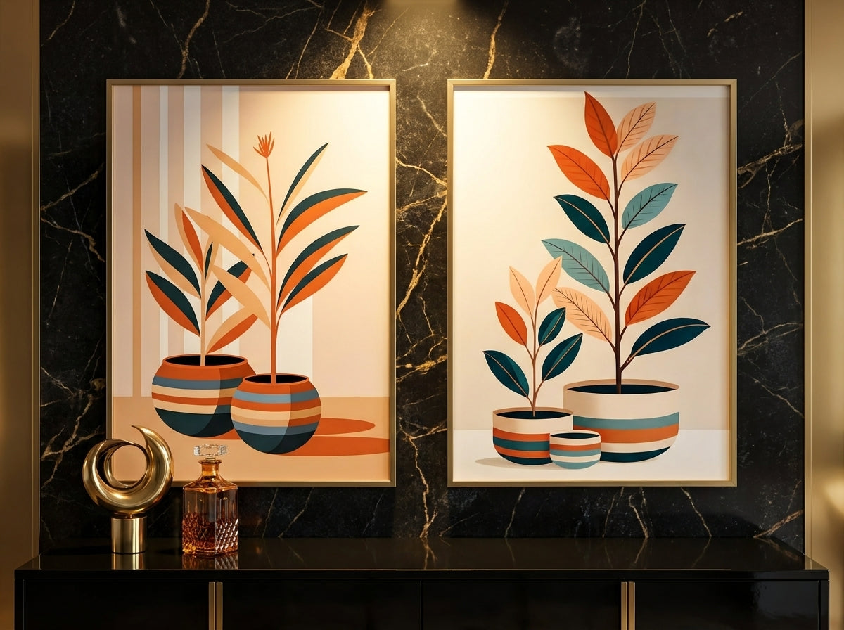 Mid-century botanical prints in gold frames on a black marble wall, luxury interior styling.