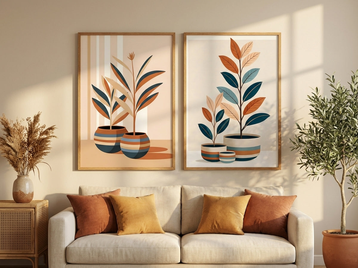 Set of 2 botanical prints in natural oak frames above a sofa in a boho living room.